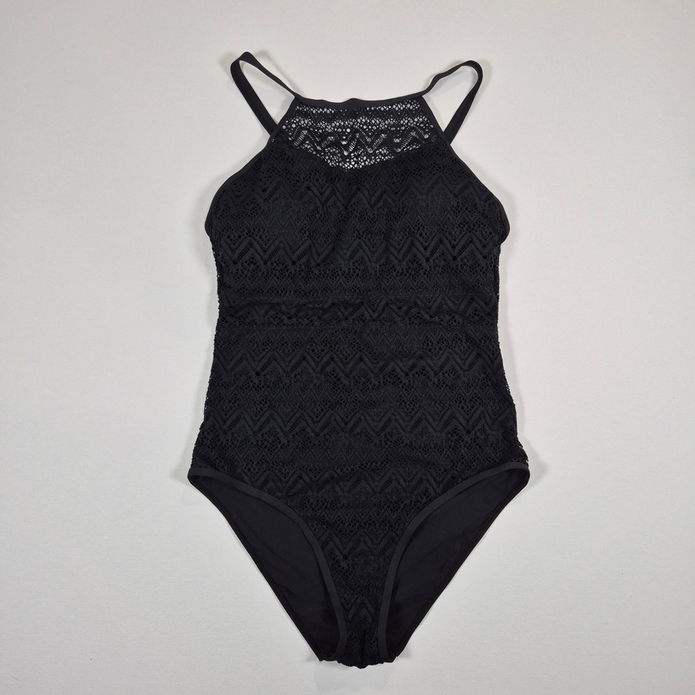 Holipick Womens Black Crochet Lace High Neck One Piece Swimsuit Size M New